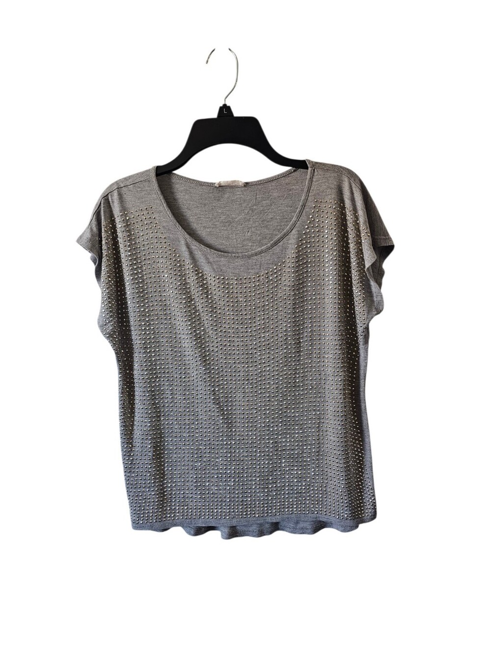 Popsy Gray Embellished Knit Blouse Rhinestone Studded Cap Sleeve Size Med Lg